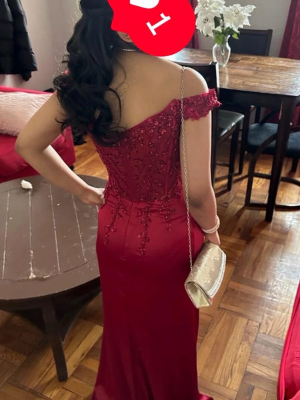Red Off-Shoulder Beaded Evening Dress